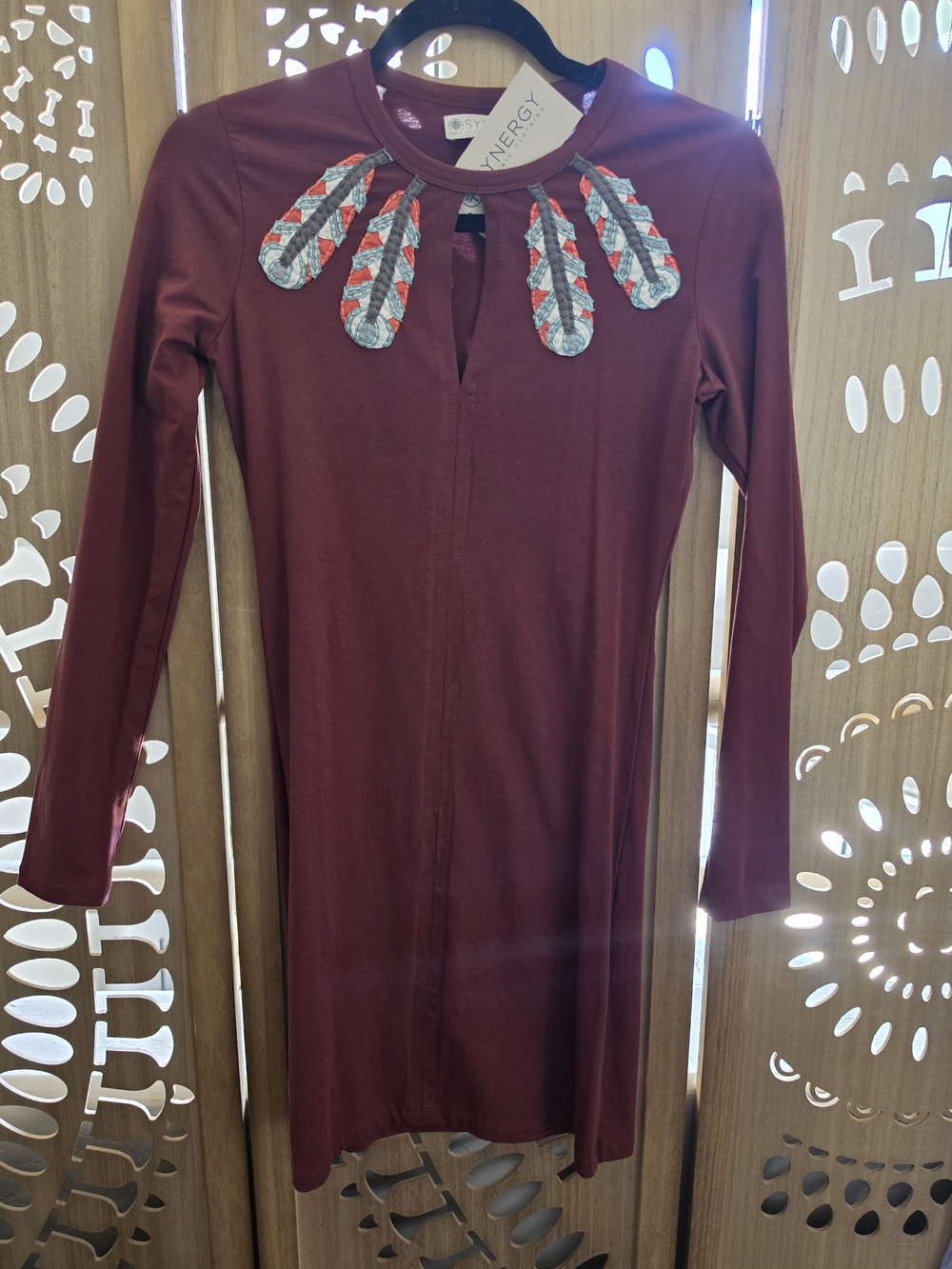 Synergy Organic Clothing Burgundy Long Sleeve Dress with Feather Appliqué